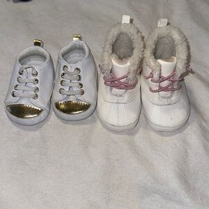 Rising Star Gold-Tipped White Sneakers and Fuzzy White carters Boots
